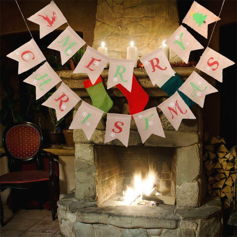 GOER MERRY CHRISTMAS Burlap Banners Garlands for Xmas Party Decoration Photo Prop (Multicolor) - Image 2